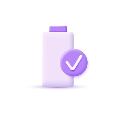 Beyaz arkaplanda 3 boyutlu pil simgesi ve onay işareti var. İşaretle. 3d tarzında modern ve modaya uygun tasarım