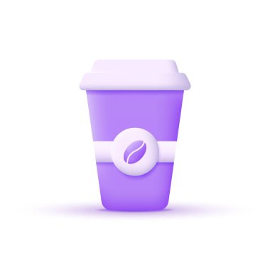 Kahve çekirdeği logolu 3D tek kullanımlık kahve bardağı ikonu. Beyaz arka planda izole edilmiş. 3d biçiminde modaya uygun ve modern vektör.