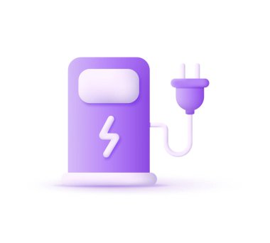 Beyaz arkaplanda 3 boyutlu elektrik şarj istasyonu var. Eko araba elektrik şarjı konsepti. 3d biçiminde modaya uygun ve modern vektör.