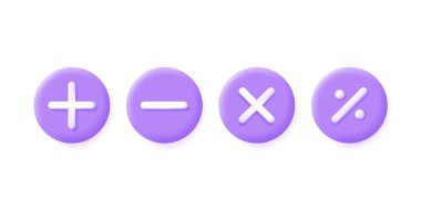 Beyaz arka planda izole edilmiş 3 boyutlu matematik işaretleri. Artı ve eksi işaretler, çarpma ve bölme işaretleri. 3d biçiminde modaya uygun ve modern vektör.