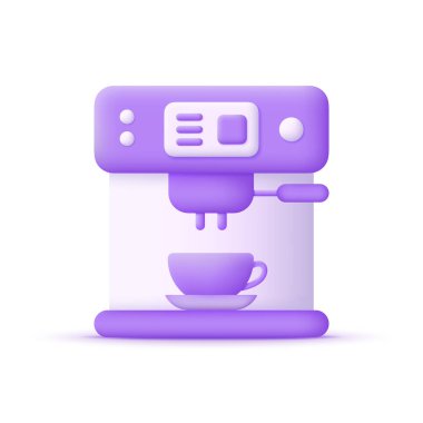 3D kahve makinesi beyaz arka planda izole edilmiş. Sıcak içeceklerin ve kahve makinelerinin ana sembolü. Mutfak eşyaları konsepti. Birçok amaç için kullanılabilir. 3d biçiminde modaya uygun ve modern vektör.