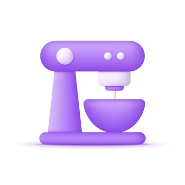 Üç boyutlu karıştırıcı ve derin plaka beyaz arka planda izole edilmiş. Mutfak konsepti. Stand Food Mixer. Birçok amaç için kullanılabilir. 3d biçiminde modaya uygun ve modern vektör.