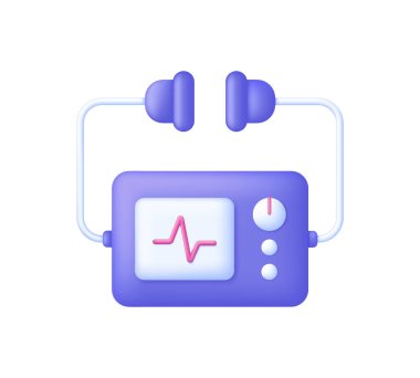 Beyaz arkaplanda 3 boyutlu defibrilatör izole edildi. Tıbbi cihaz. Kalp ritmi bozukluklarının elektroşok tedavisi. Birçok amaç için kullanılabilir. 3d biçiminde modaya uygun ve modern vektör.