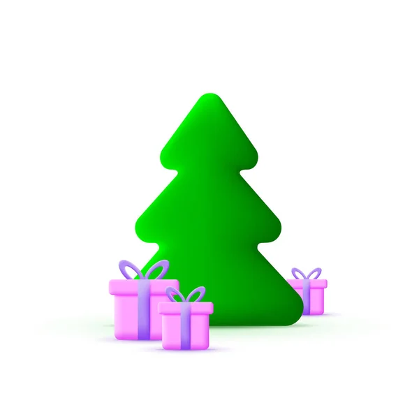 Weihnachtsbaum Und Geschenkbox Isoliert Auf Weißem Hintergrund Neujahr Trendiger Und — Stockvektor