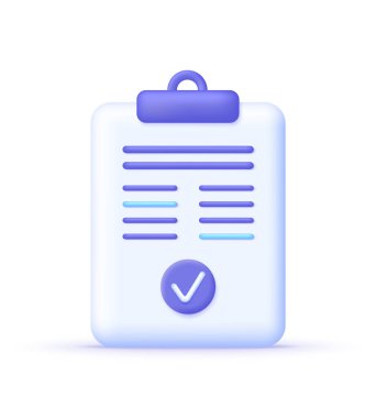 Onaylanmış onay işaretli 3D belge dosyası beyaz arkaplanda izole edildi. Kontrol listesi, ödev ve sınav, proje planı. Birçok amaç için kullanılabilir. 3d biçiminde modaya uygun ve modern vektör.