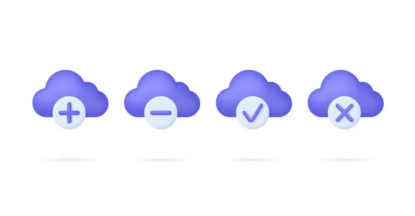 Cloud Icons Set Pluse Check Cross Marks Isolated White Background — Stock Vector