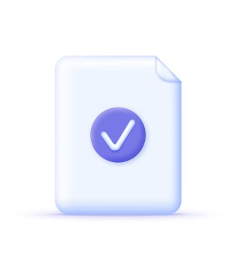 Beyaz arkaplanda 3 boyutlu kağıt ve işaretleme simgesi izole edildi. Onaylanmış simge. Dosya, kontrol listesi, belge, form, plan. Belge onaylama ve imzalama teklifi. Birçok amaç için kullanılabilir. 3d biçiminde vektör