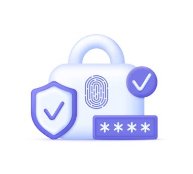 Kişisel verileri korumak için üç boyutlu siber güvenlik. Kalkan, asma kilit ve şifre simgeleri. Birçok amaç için kullanılabilir. 3d biçiminde modaya uygun ve modern vektör.