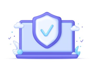 Bilgisayar ve kalkan ile birlikte 3D Online sunucu koruma sistemi kavramı. Veri koruması, internet güvenliği kavramı. 3d biçiminde modern vektör.