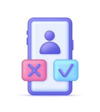 3D Incoming video call illustration. The concept of receiving phone calls. Answer and reject symbo. Yes or no. Check and cross marks. Vector in 3d style.
