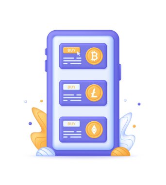3D Cryptocurrency marketplace concept. Buying bitcoins, litecoins or ethereum on crypto exchange using mobile app. Buy or sell currency online. Cryptocurrency transaction. Modern vector in 3d style.