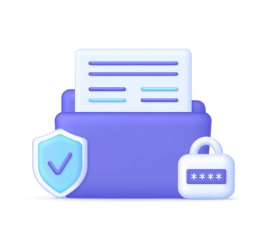 3D Secure confidential files folder with paper documents access and private lock. File protection. Data security and privacy concept. Secure confidential information. Vector in 3d style.