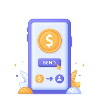 3D Money transfer illustration. Online payment. Application for online transactions. Concept of money transfer, and banking. Capital flow, earning. Vector in 3d style.