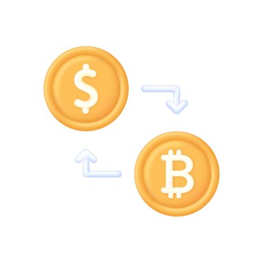 3D Bitcoin and Dollar exchange illustration. Cryptocurrency exchange. Buy or sell currency online. Finance, global digital money. Cryptocurrency transaction. Online banking. Modern vector in 3d style.