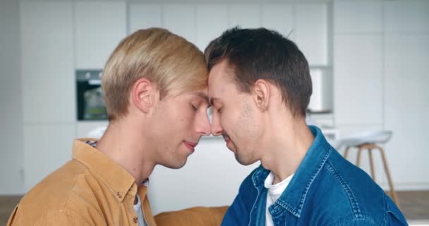 Close up of stylish handsome young adult gay couple spend time at home. Portrait of two happy men in love in make a gentle headbutt and kissing. LGBT Relationship — Stock Video