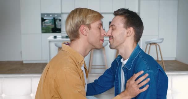 Retrato de dos hombres felices pareja gay en el amor besándose en hacer un cabezazo suave mientras se sienta en el sofá en casa. Relación LGBT — Vídeos de Stock