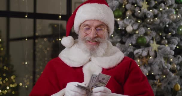Cheerful elderly man, dressed like Santa Claus, quickly counts money at home against the background of a Christmas tree, rejoices holding money bills tightly to himself. New Year and Christmas concept — Stock Video