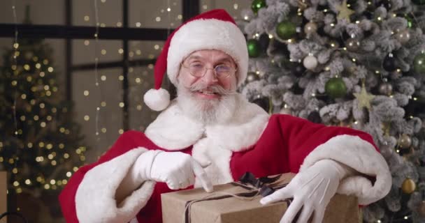 Widok z przodu szczęśliwy dobroduszny starszy Święty Mikołaj z ogromnym Christmas Gift Box rozmowy przez połączenie wideo patrząc na kamerę internetową przed nim siedząc w domu na tle choinki — Wideo stockowe