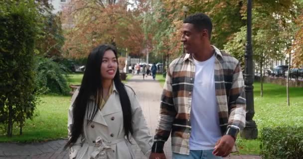 Hermosa pareja multirracial enamorada disfrutando de una cita romántica juntos, hablando, sonriendo, tomados de la mano, mostrando afecto y relaciones cercanas mientras caminan en la plaza del parque en un hermoso día — Vídeo de stock