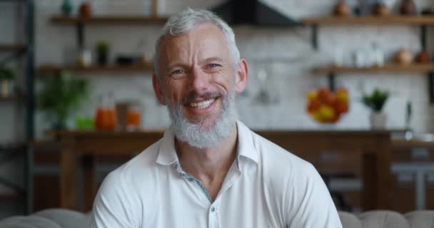 Portrait of smiling caucasian mature bearded man with grey hair looking at camera while sitting at home on sofa. Headshot of happy male on kitchen background. — Stockvideo