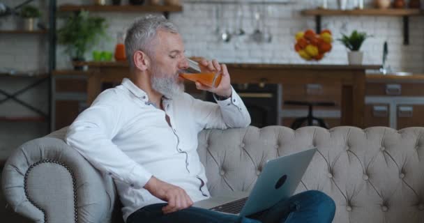 Handsome mature bearded man with grey hair working on laptop computer and drinking orange juice while sitting on sofa at home — Stockvideo