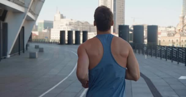 Tylny widok przystojnego sportowca biegającego na świeżym powietrzu. Portret biegacza biegającego na stadionie. Trening sportowy na świeżym powietrzu o zachodzie słońca. Trening lekkoatletyczny — Wideo stockowe