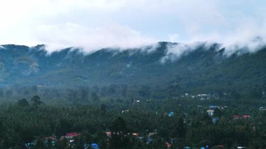 Bulutlu tropik yağmur ormanları zaman atlamasında hareket eder. Tayland, Ko Samui 'deki adanın tropik bölgelerindeki dağlara yağmur bulutları yağıyor. Zaman aşımı 4K. Yeşil manzara.