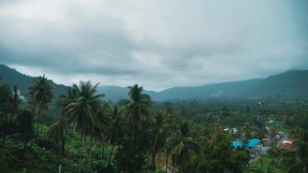 Trópusi esőerdő dzsungel felhők mozognak az időben. Eső felhők a hegyekben a trópusokon a sziget Ko Samui, Thaiföld. 4K időintervallum. Zöld táj. — Stock videók