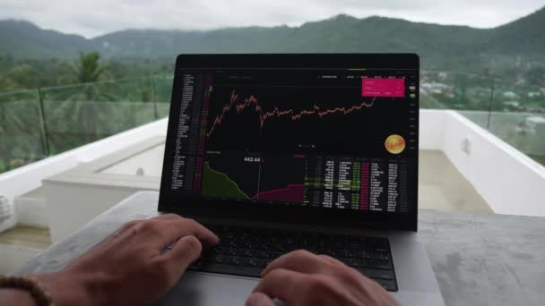 First-person portrait of financier businessman works on crypto financial market on computer. POV male trader investor works with financial charts — Stockvideo