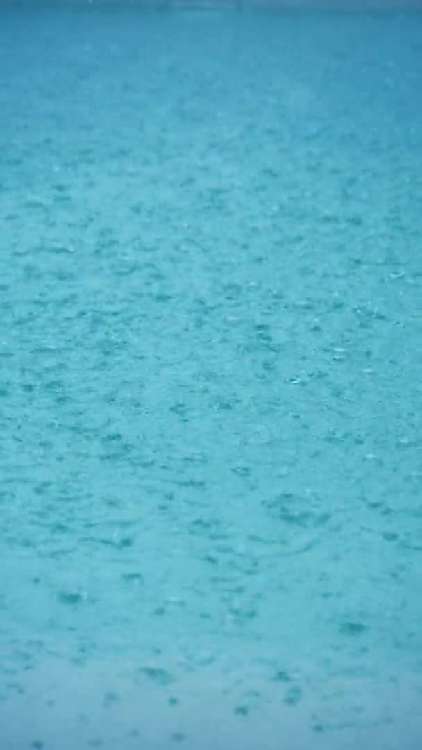 Vertical video - Rain Water Droplets Splash into a Blue Puddle. Slow motion close up of rain hitting a puddle during a storm in rainy season — Vídeos de Stock