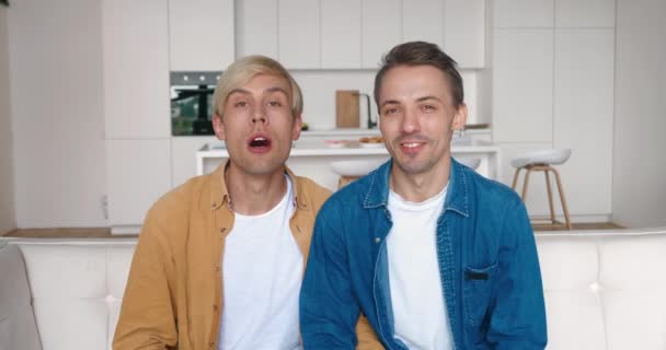 Webcam Homoseksüel Çiftlerin Kamerayla Konuşurken Sarılıp Konuştuklarını Gösteriyor Evde Kanepede — Stok video