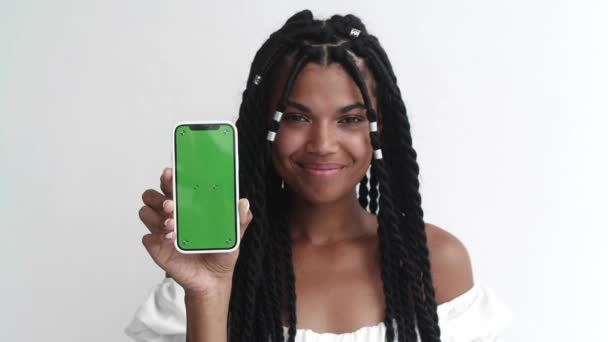 Attractive Woman Holds Smartphone Copy Space Text Green Chroma Key — Video Stock