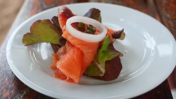 Slice Whole Grain Bread Salted Salmon Fillet Greens Served White — Video