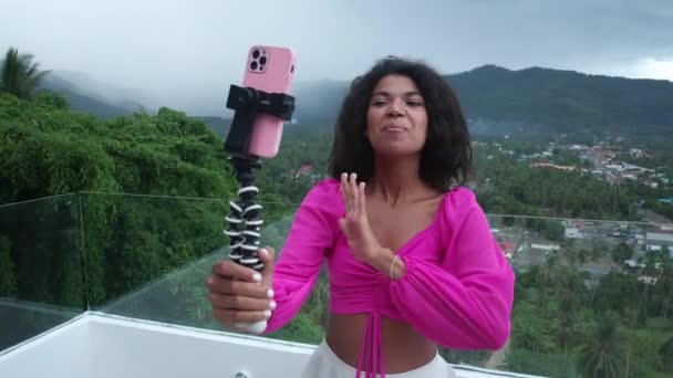 Delightful Young Woman Presents Amazing View Tropical Countryside Balcony While — Video