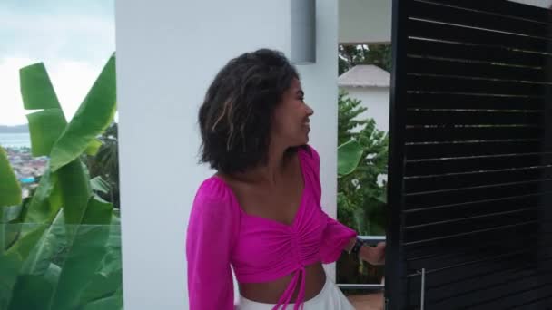 Beautiful Woman Walking Out Balcony Enjoying Amazing Views Tropical Asian — Video