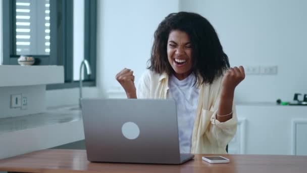 Successful Harworking Millennial Young Woman Copywriter Clenching Fists Rejoicing While — Stockvideo