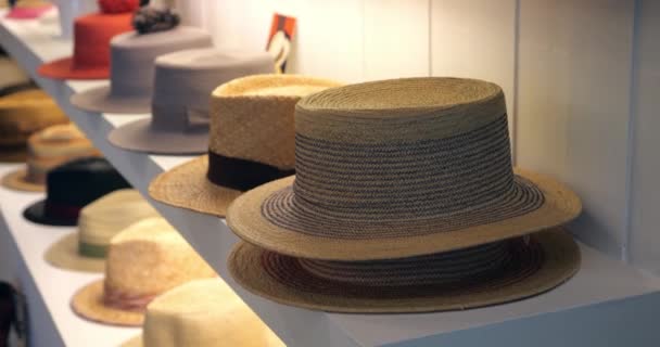 Νέα Εποχιακή Συλλογή Καλοκαιρινών Ψάθινων Καπέλων Στα Ράφια Έκθεση Προς — Αρχείο Βίντεο