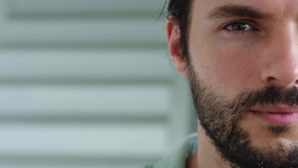 Half Face Portrait Young Bearded Millennial Man Insightful Mysterious Gaze — Stock Video