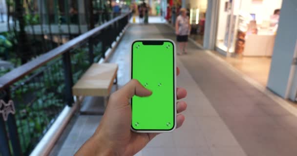 Mão Masculina Segura Telefone Celular Verticalmente Com Tela Verde Croma — Vídeo de Stock