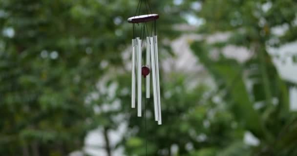 Wind Chimes Musical Pendant Hangs Porch House Backdrop Tropical Jungle — Stock Video