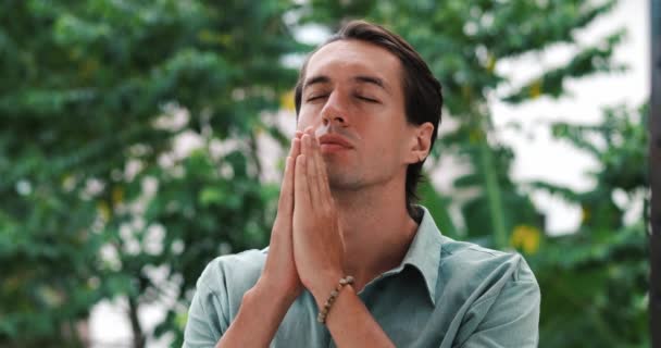 Peaceful Religious Mindful Caucasian Man Praying God Whispering Prayer Quiet — Stock Video