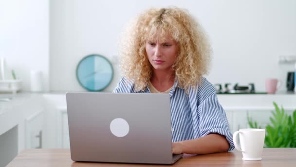 Stressed Multitasking Curly Haired Redhead Woman Feeling Tired Overworked Has — Stock Video