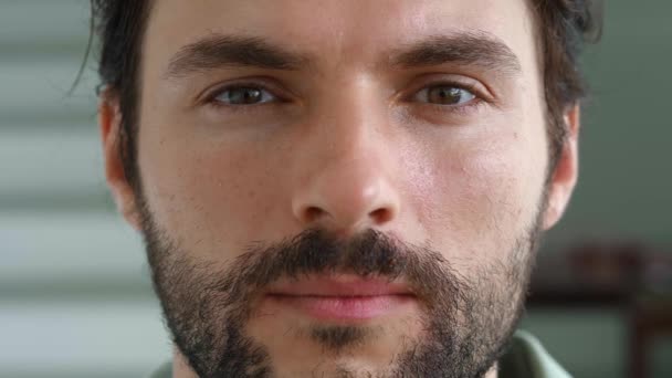 Close Portrait Handsome Attractive Bearded Caucasian Young Man Staring Piercingly — Stock Video