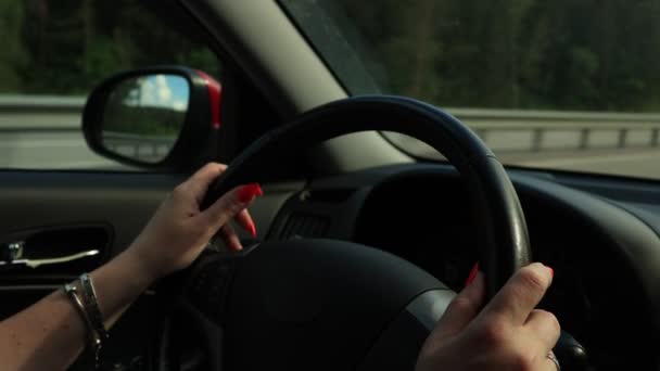 Video, woman drives a automobile, beautiful fingers lie on the steering wheel.