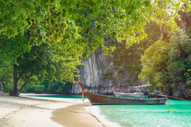 Tayland geleneksel uzun kuyruklu teknesi ve Krabi 'deki güzel kumlu Railay Sahili. Hong Adası, Tayland.