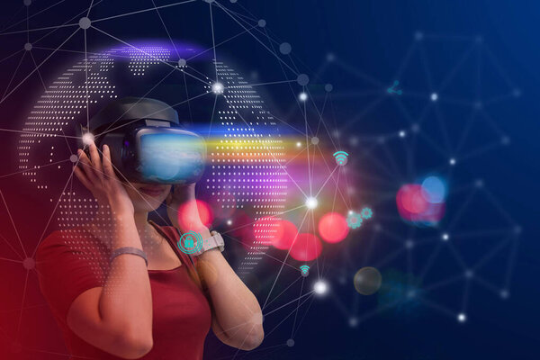 Young Girl Play Virtual Reality Goggle Experiences Metaverse Virtual World — Stock Photo, Image
