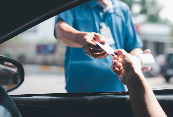 Young Asian Man Driving Car Hand Holding Credit Card Payment — Stock Photo, Image