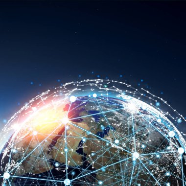 İnternet İşletmeleri için İletişim Teknolojisi, Dünya 'daki Küresel ağlar ve telekomünikasyonlar, Blokchain ve IoT' u kapsıyor. Bu görüntünün elementleri NASA tarafından desteklenmektedir.