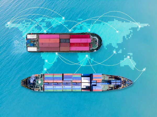 Business Logistics concept, Global network coverage world map,Truck with Industrial Container Cargo for Logistic Import Export at yard, business concept.