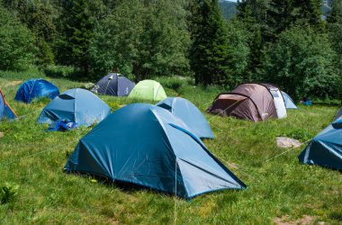 sırasında gündüz ormanda kamp yeri, kamp çadırları